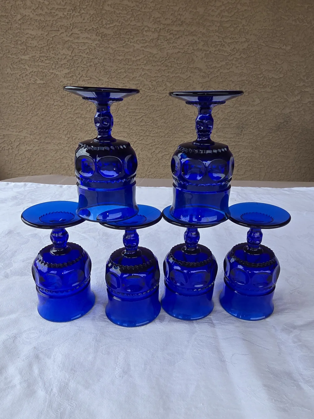 Vintage Indiana Glass Cobalt Blue Thumbprint/Kings Crown Goblets Set of 6
